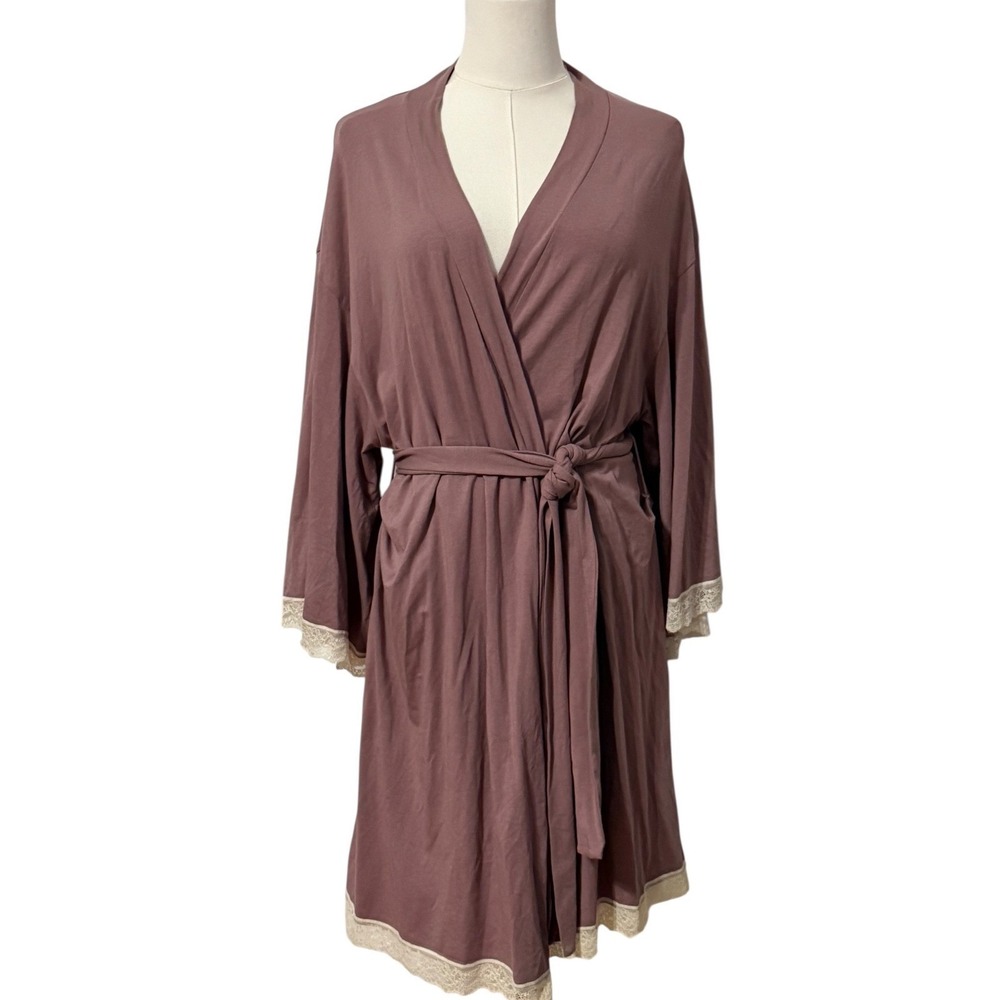 ThirdLove WonderKnit Robe Women Medium Mauve Modal Cotton Lace Trim Wrap Lounge - Picture 3 of 8